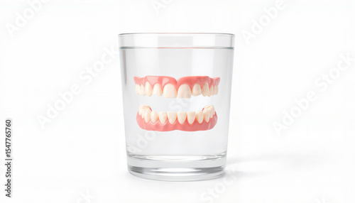 Fake teeth in glass of water on white background  