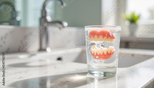 Glass of water with novelty teeth floating on kitchen countertop  