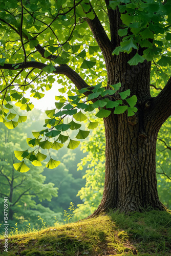 Ginkgo biloba tree In forest — detailed trunk and fan-shaped leaves in soft sunlight with green woodland background. Use for health themes, nature posters, eco ads and travel blogs.