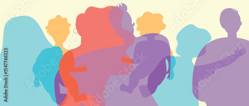 Parents and children faces with grandparents as a big family, color silhouette vector illustration as birth rate propaganda and authentic Family