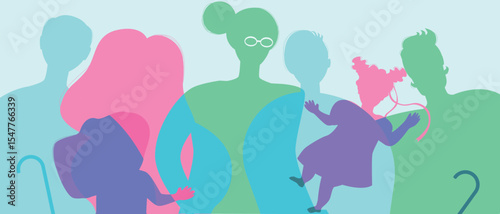 Parents and children with grandparents as a big family, color silhouette vector illustration as a propaganda of birth rate and authentic Family