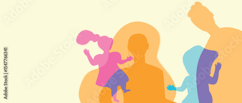 People faces as colored silhouettes of parents and children, colored silhouette vector illustration with authentic Family, copy space template