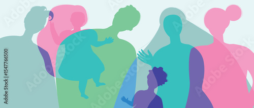 Mom, dad and children with relatives as a big family, color silhouette vector illustration as propaganda of birth rate and happy authentic Family