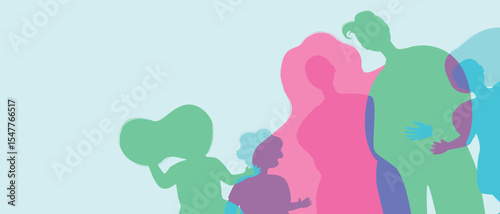 Mom, dad and kids as a family, color silhouette vector illustration with authentic Family, copy space template for design