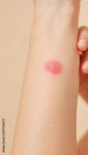Closeup of woman's arm with red circular mark on skin  