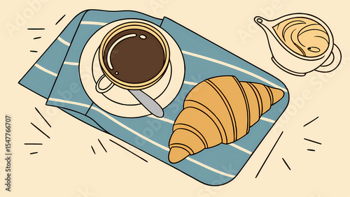 Delicious breakfast coffee and croissant with sauce illustration vector graphic design art