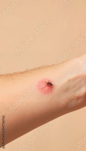 Insect bite on arm with redness and swelling against a neutral background  