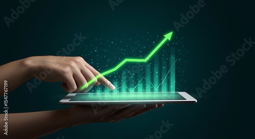 Hands holding tablet showing green upward trend graph isolated on white background