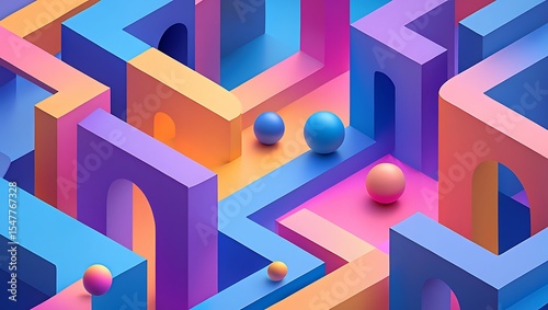 Abstract 3d geometric shapes maze with colorful spheres isolated on white background