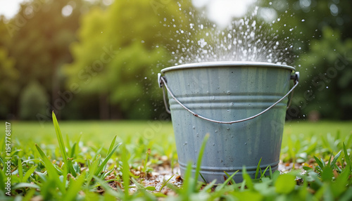 Metal bucket splashing water on grass under bright natural light  