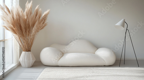 Minimalist retro modern living room with a cozy white sofa, pampas grass in a faceted vase, and a sleek tripod lamp, all set against a clean white background