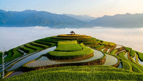 Stunning aerial view of rice terraces with pavilion in mountains isolated on white background