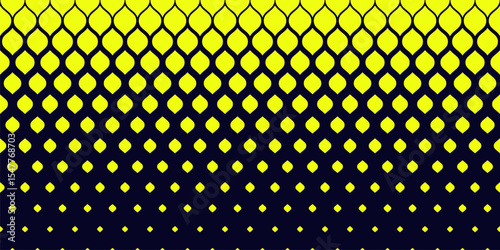 Abstract geometric pattern with halftone effect, fading shapes, leaves, mesh, grid. Horizontally seamless background. Extreme sport style vector texture. Black and neon yellow color. Repeated design