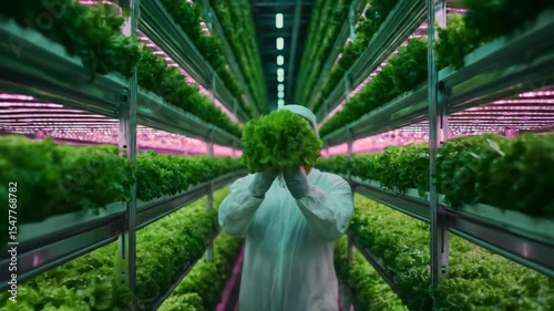 Man working at innovative vertical farm showing freshly grown lettuce. Hydroponic farming for sustainability concept footage.