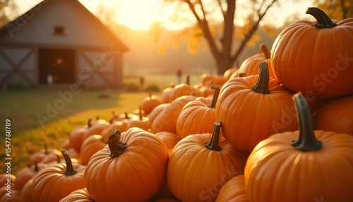 Autumn pumpkin harvest on background with farm with warm afternoon light.
