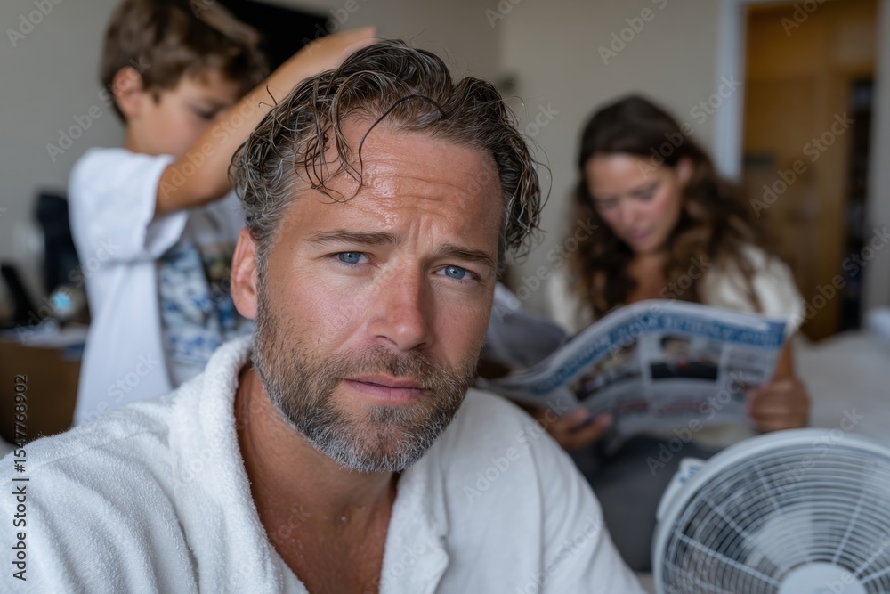 Fototapeta premium A father with a handsome beard is captured at home while his young son playfully styles his hair, showcasing a tender moment of family connection and daily life.
