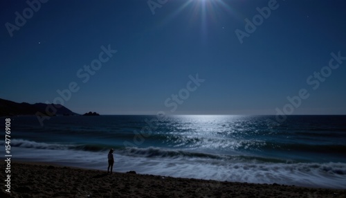 nighttime seascape, position subject at the bottom of image, place under bright dawn sky, optimize for photo use by leaving ample copy space at the top and around the subject