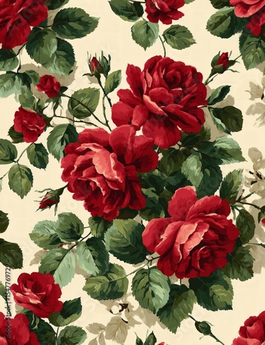 Red Roses Floral Pattern on Cream Background