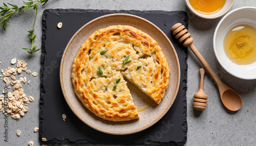 Savory baked oat dish with honey and wooden utensils on dark slate  