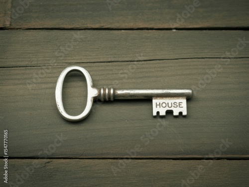 A vintage key with 'HOUSE' inscribed on its blade, resting on a wooden surface.