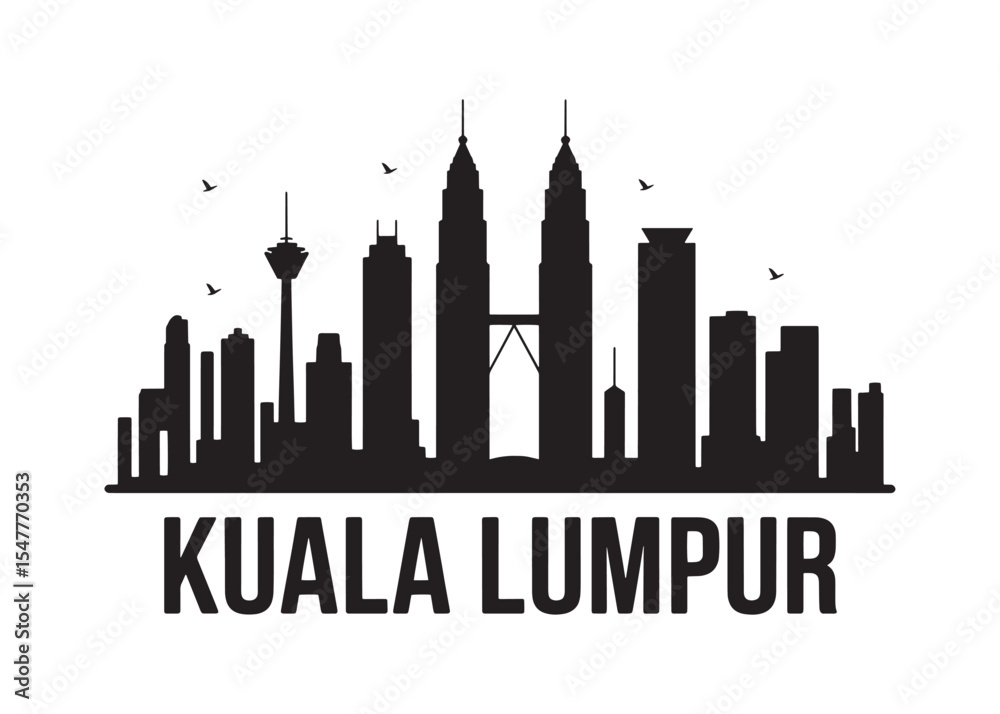 Obraz premium Kuala Lumpur Cityscape Silhouette with Iconic Buildings and Birds in Flight Creates a Sense of Urban Dynamism and Modernity
