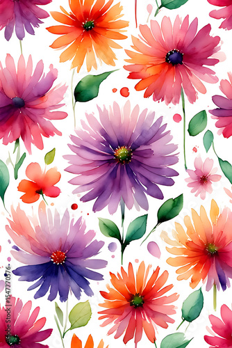 Vibrant Watercolor Floral Pattern: A Festive Mosaic of Colorful Flowers