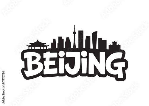 Dynamic Silhouette of Beijing Cityscape a Celebration of Urban Identity, Architecture and Cultural Heritage Depicted in Bold Graphic Style