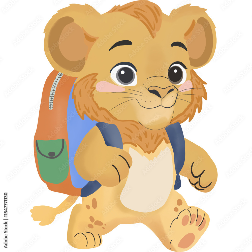 Fototapeta premium Cute cartoon lion student going to school with backpack.