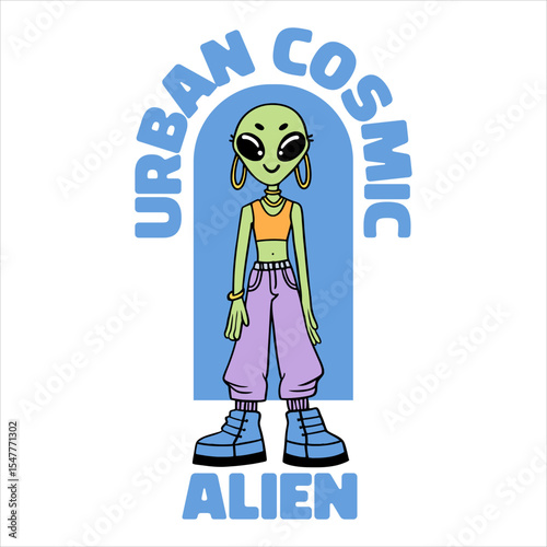 Funny Urban Alien With Human Fashion Illustration
