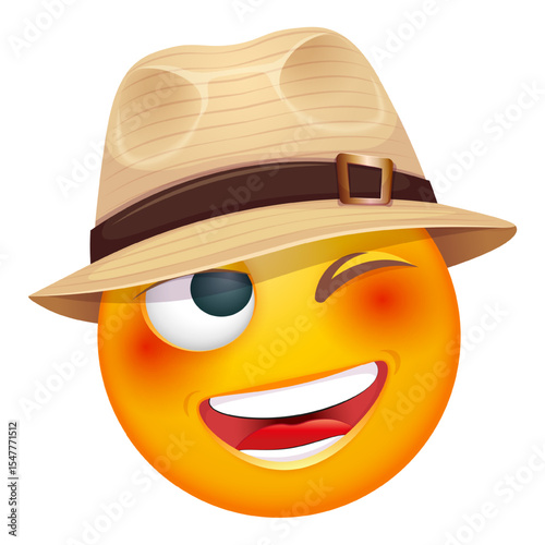 Summer emoji with straw hat on white background. Cheerful summer emoticon with happy smiling face shows joy. Positive vibes, good mood, vacation, travel, holiday concept