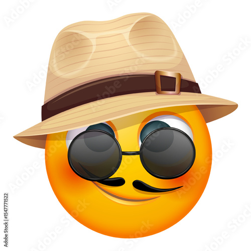 Summer emoji with sunglasses and straw hat on white background. Cheerful summer emoticon with happy smiling face shows joy. Positive vibes, good mood, vacation, travel, holiday concept