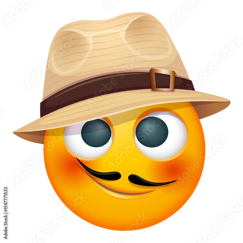 Summer emoji with straw hat on white background. Cheerful summer emoticon with happy smiling face shows joy. Positive vibes, good mood, vacation, travel, holiday concept