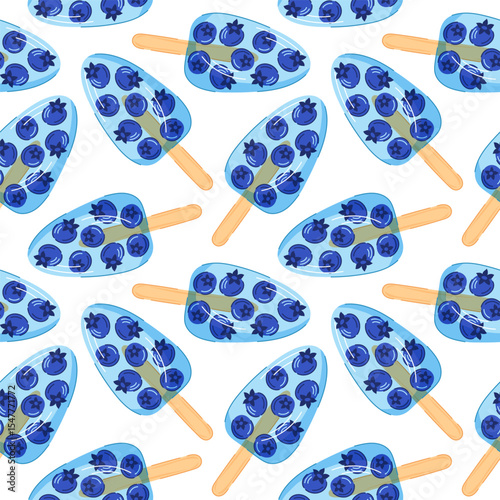Seamless pattern of tropical blueberry ice pop on wooden stick on white background in cartoon. Perfect for delivery cafe packaging and kitchen wallpaper.