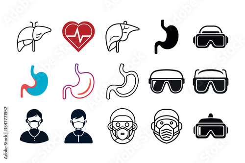 Medical Icons Set: Organs, Protective Gear, and Doctor Symbols