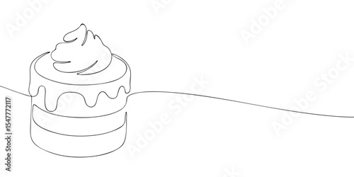 One line drawing of a layered cake with whipped cream on top, designed in a clean minimal style with simple elegant curves.