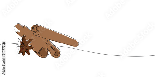 Minimalist continuous line art of cinnamon sticks and star anise on white background, ideal for culinary, spice, or natural aroma concepts.