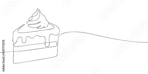 Minimalistic continuous line art showing a slice of cake with frosting and cream, perfect for bakery, sweet, and cafe designs.