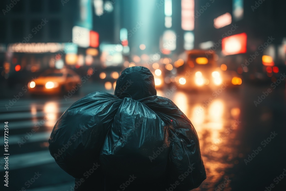 Obraz premium Person with Garbage Bags in Urban City at Night with Traffic Lights