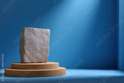 Stone block atop cork podiums in a blue room with a spotlight