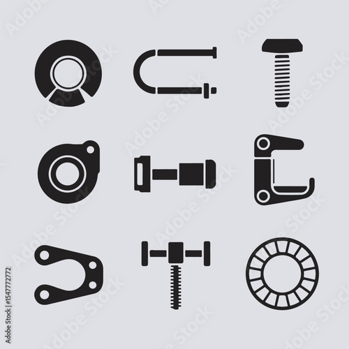 Set of black silhouettes of various mechanical fasteners and components on a light gray background