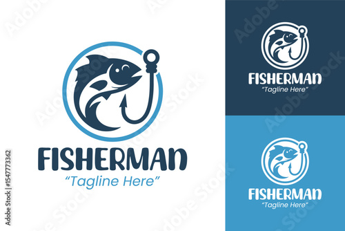 Professional Fisherman Logo with Fish and Hook Design, Blue and White Colors