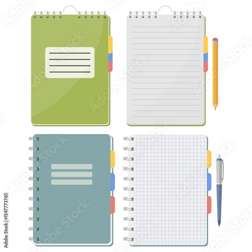 Flat-style collection of notebooks with spiral binding, open pages, and accessories. Perfect for mockups, planners, and designs. Notebook with Tabs and Pencil. Grid and Lined Pages.