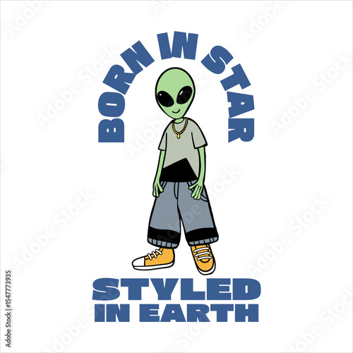 Funny Urban Alien With Human Fashion Illustration