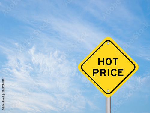 Yellow transportation sign with word hot price on blue color sky background