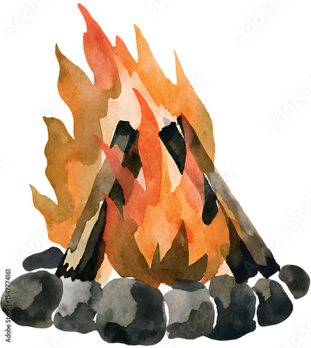 Watercolor campfire with rocks on transparent background.