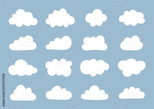 White clouds in blue sky. Puffy, fluffy, cumulus clouds on blue backdrop. Cloudy shapes pattern. Weather abstract elements template. Objects cloudscape.