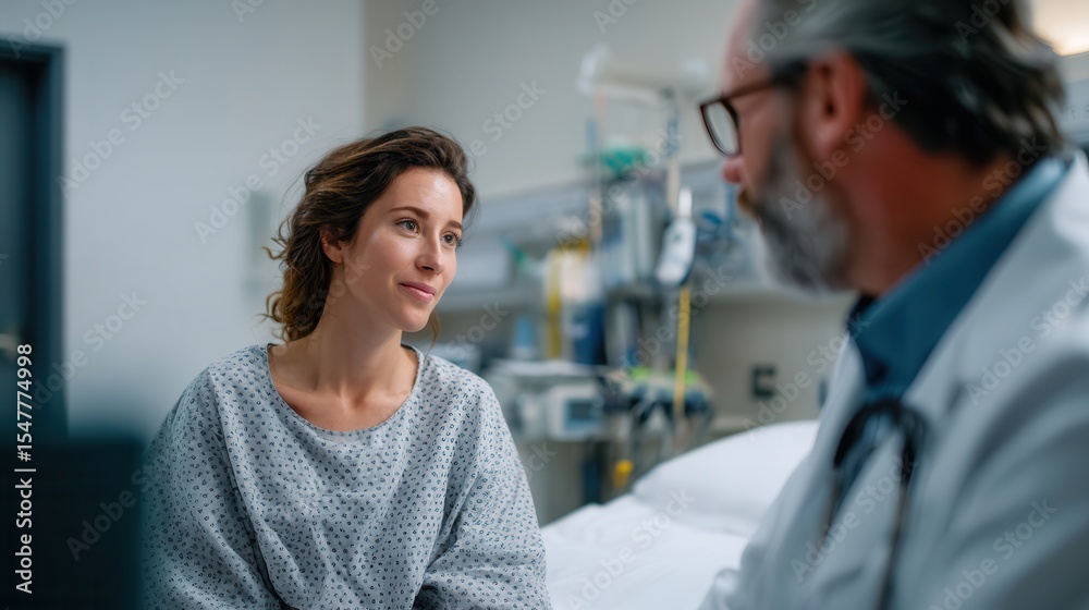 Female patient is engaged conversation with doctor clinical setting, showcasing moment of care and attention. atmosphere is calm and professional, highlighting importance of communication Female patient is engaged conversation with doctor clinical setting, showcasing moment of care and attention. atmosphere is calm and professional, highlighting importance of communication