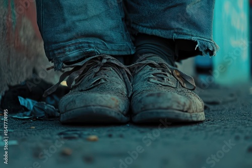 Worn-out Shoes on Street with Urban Background and Textures