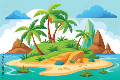 Tropical Island Paradise Lush Vegetation, Crystal Clear Waters, and Majestic Mountains