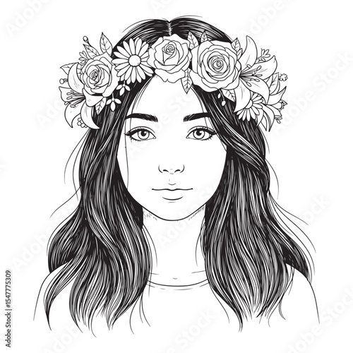 Girl with Long Hair and Floral Crown Black and White Illustration